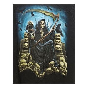 DOM Men's Grim Reaper On Skull Throne Black T-shirt Size 2XL